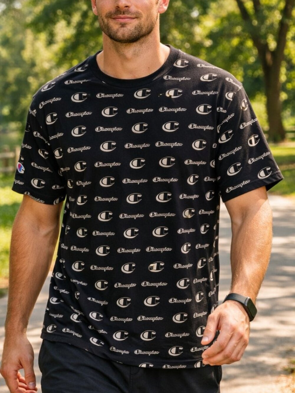 M Men's Short Sleeve Tee T-shirt All over Champion Logo Black Activewear Gym